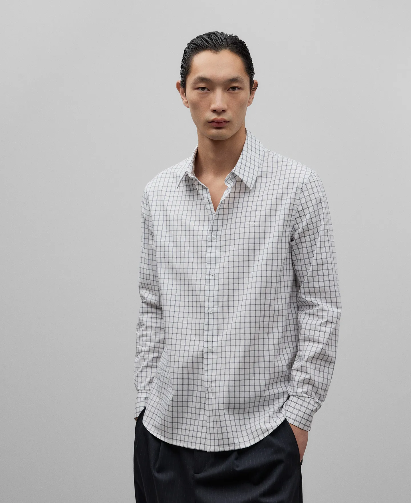Blue checkered cotton shirt man