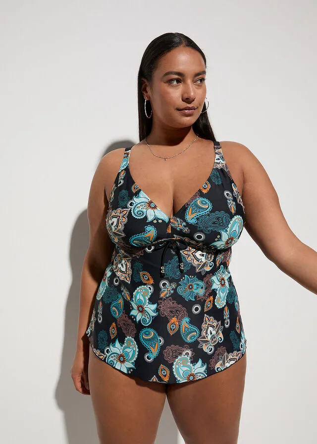 PARTE SUPERIOR DE TANKINI (2 PIEZAS) CON COMPARTIMENTOS PARA PRóTESIS DE POLIAMIDA RECICLADA NEGRONARANJA CON PATRóN PAISLEY