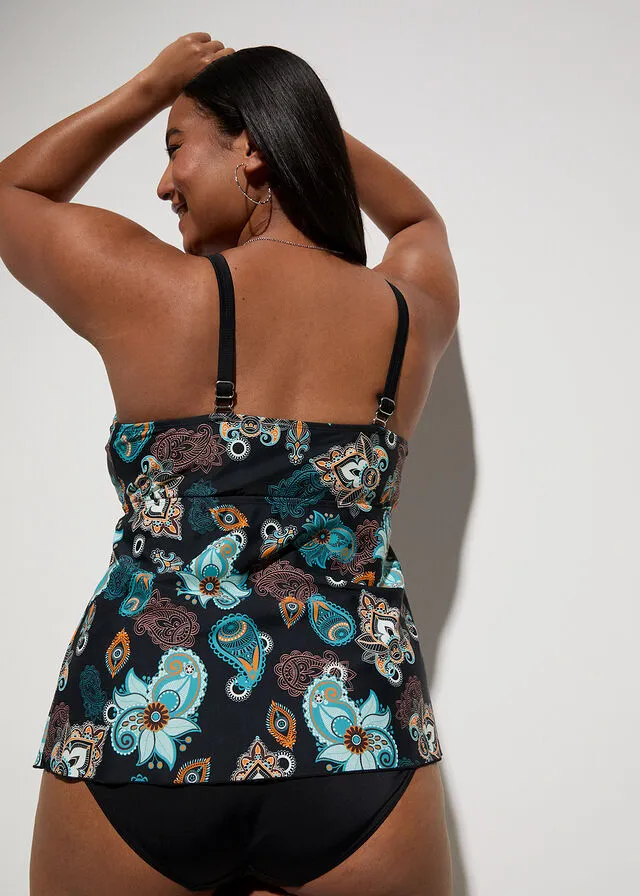 PARTE SUPERIOR DE TANKINI (2 PIEZAS) CON COMPARTIMENTOS PARA PRóTESIS DE POLIAMIDA RECICLADA NEGRONARANJA CON PATRóN PAISLEY