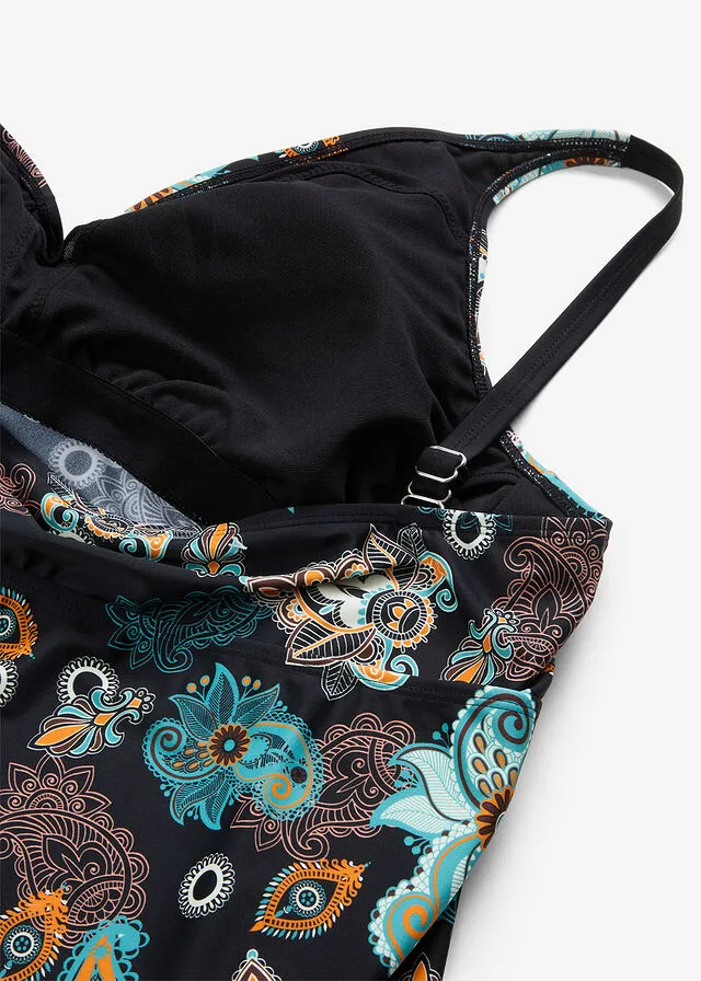 PARTE SUPERIOR DE TANKINI (2 PIEZAS) CON COMPARTIMENTOS PARA PRóTESIS DE POLIAMIDA RECICLADA NEGRONARANJA CON PATRóN PAISLEY