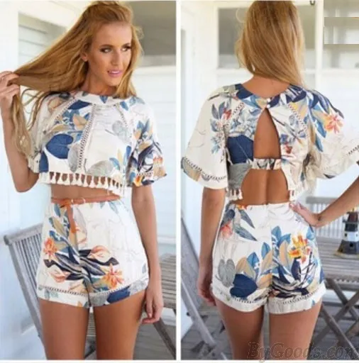 Round Neck Hollow Backless Floral Tow Pieces Suits Jumpsuit